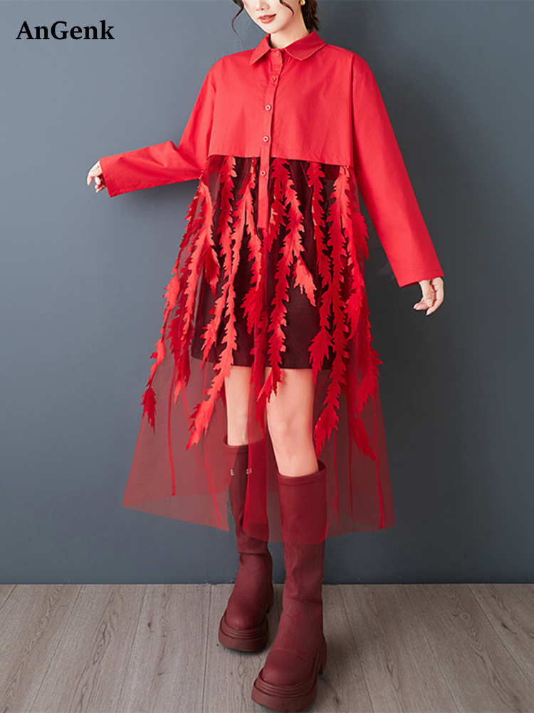 Women'S Red Formal Wear - Mesh Patchwork Rot Vintage Shirt Kleider