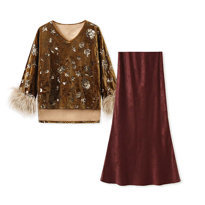 Silk Blouse - 2025, Winter-Blusenset mit Federmanschette, chinesisches Ärmel-Stickerei-Pailletten-Oberteil
