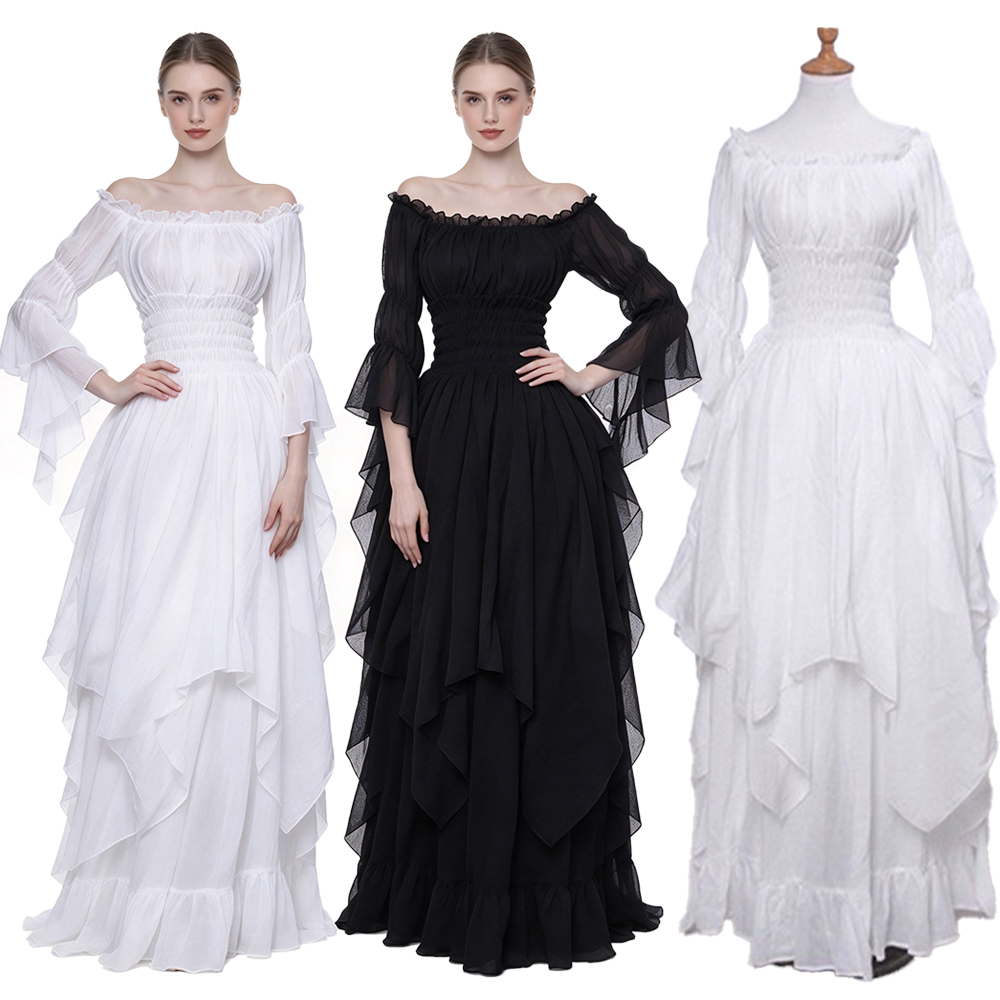 Lace Dress - Mittelalterliches Kleid, Retro-Maxikleid mit freiem Schulterbereich,