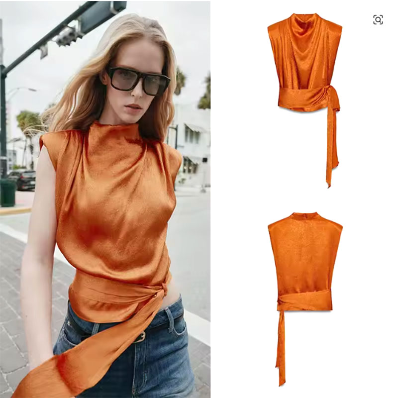 Silk Blouse - Satin-Schal-Kragen-Top ohne Ärmel, Elegantes Damen-Oberteil mit