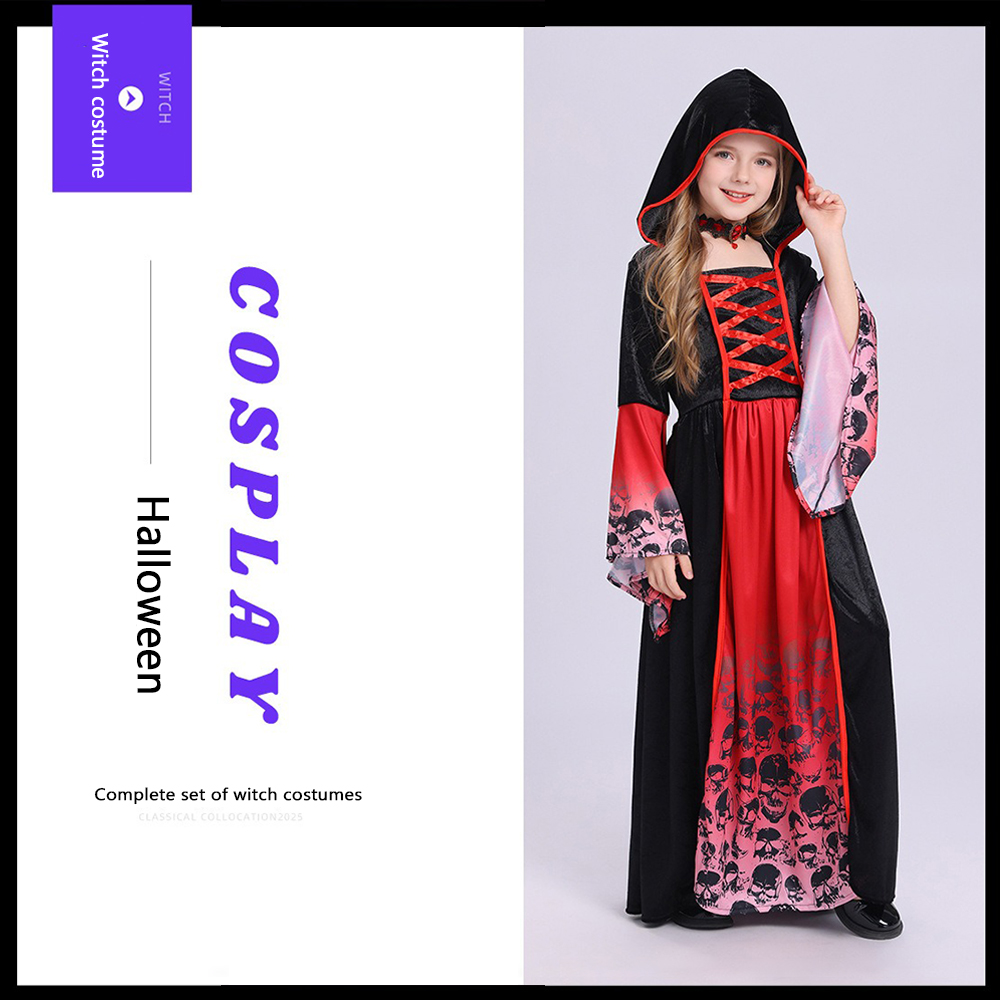 Women'S Red Formal Wear - Rot-Schwarzes Hexenkostüm mit Kapuze, langes Kleid
