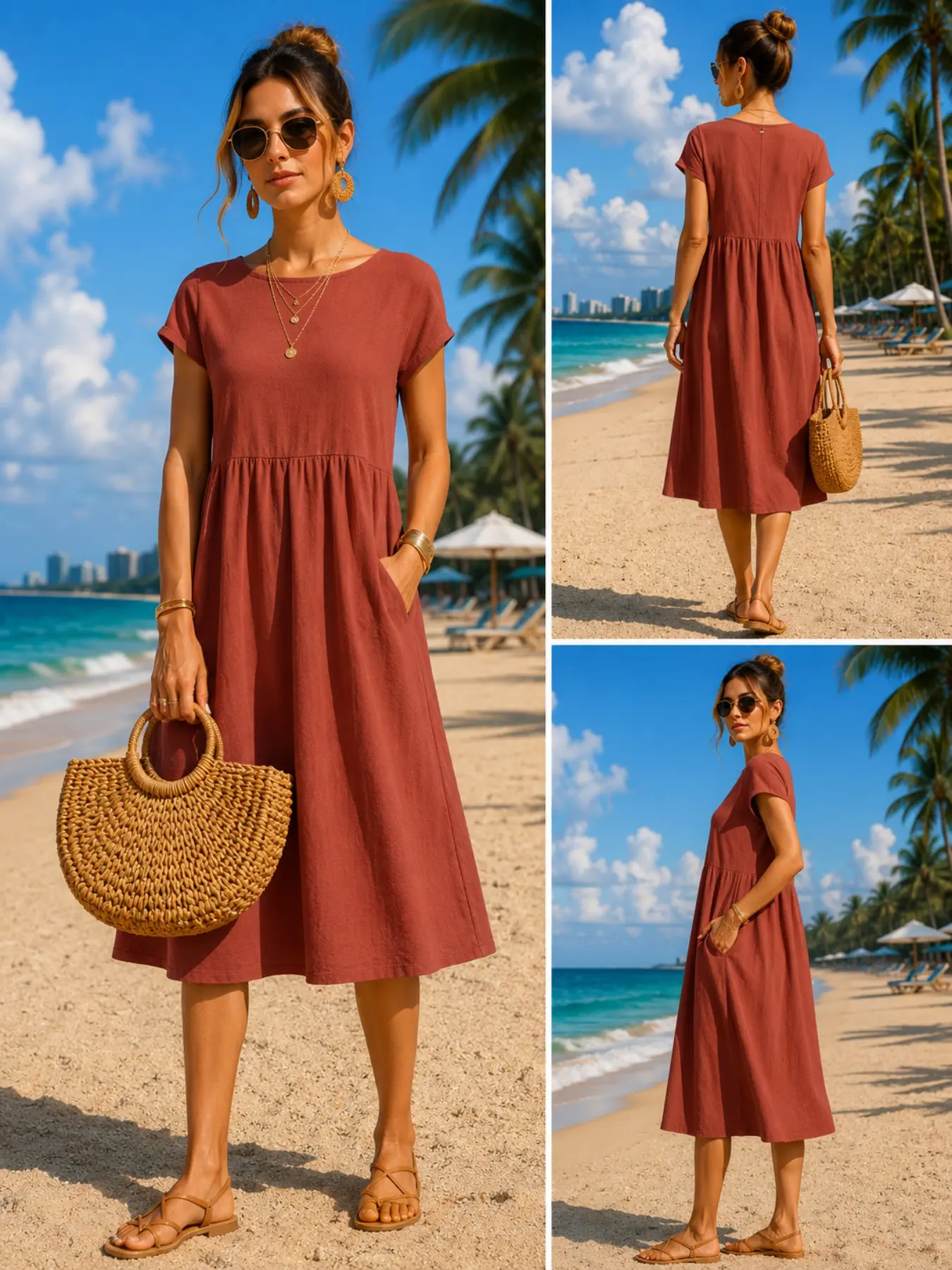 Midi Dress - Damen-Freizeitkleid in Midi-Länge mit Taschen, locker
