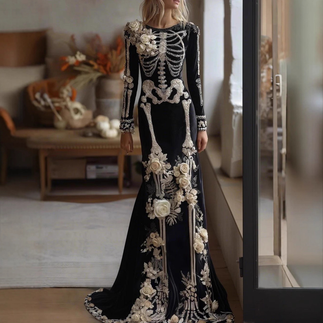Evening Gown - 2026 Neues Damen Maxikleid mit Skelett-Blumenmuster,